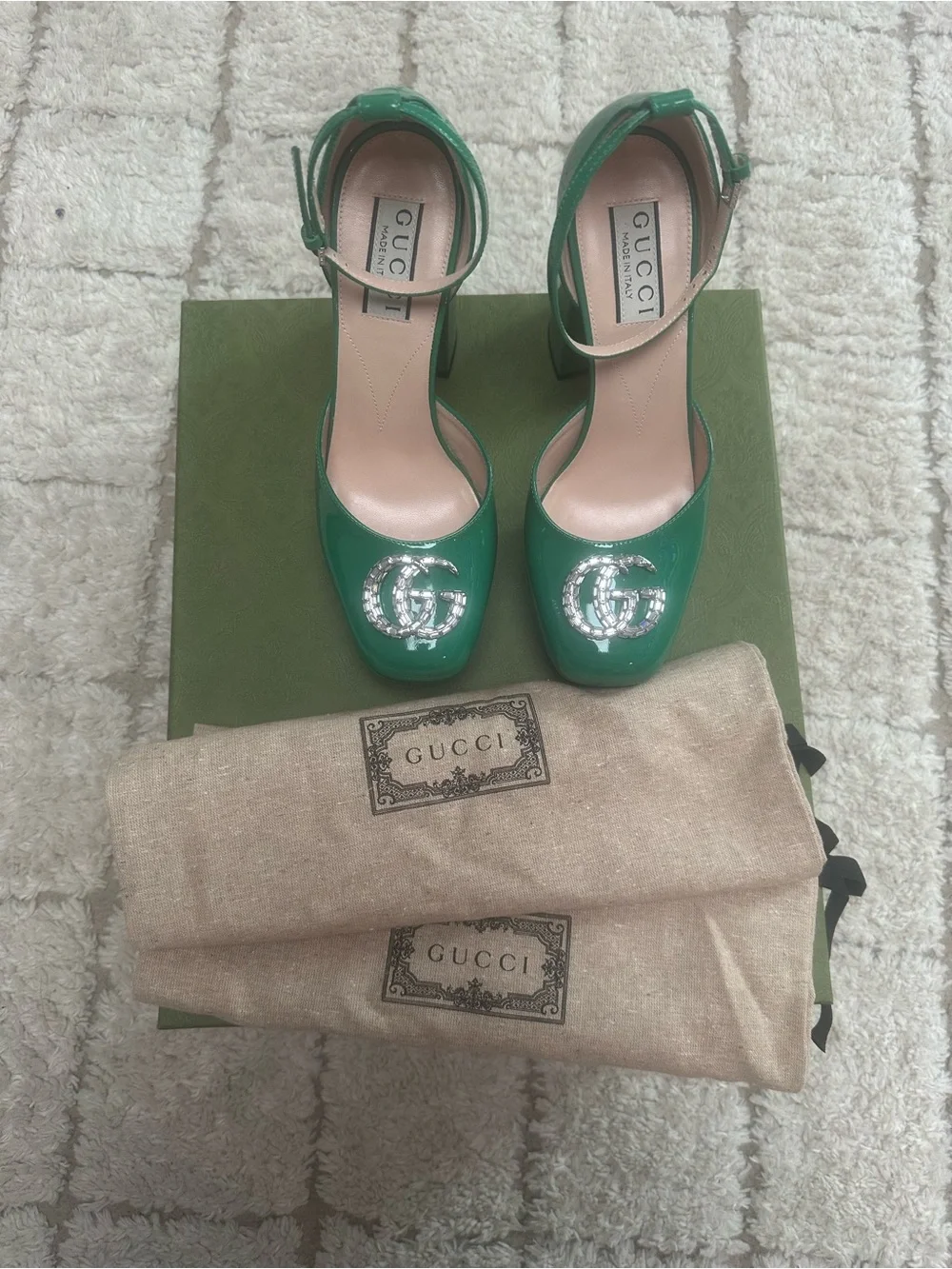 Gucci Glossy Emerald Green Patent Platform Pumps with Crystal GG Buckle